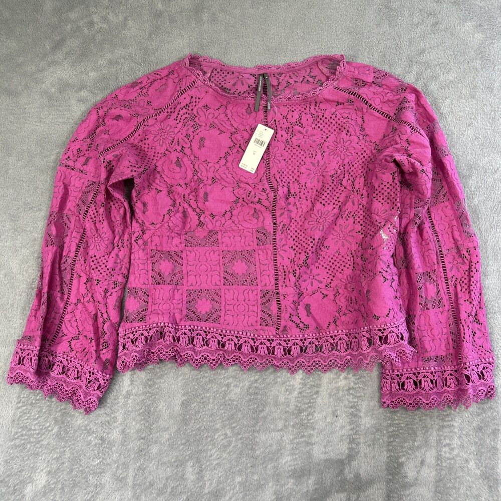 Anthropologie Long Sleeve Lace Patches Blouse Women Medium Pink Sheer Floral Top